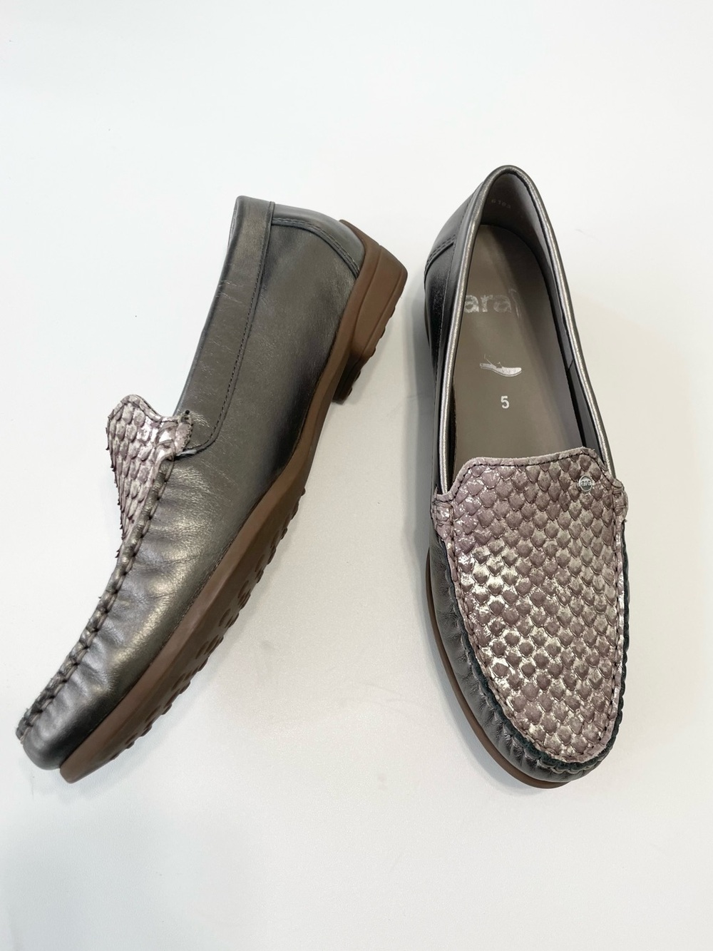 Ara Barb Flat Loafer Snake Print Pewter Metallic Leather UK 5 US 7.5 Luftpolster